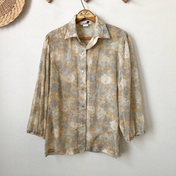 Vtg Jo Hardin‎ sheer womens muted floral long sleeve blouse M/L cottagecore - Picture 1 of 8